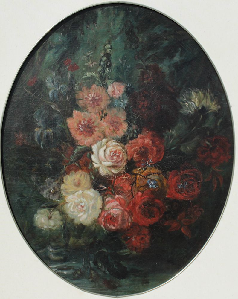 Appraisal: EARLY CLASSICAL STILL LIFE PAINTING OF ROSES Oil Canvas oval