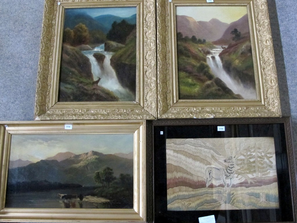 Appraisal: Lot comprising three oils on canvas one needlework picture and