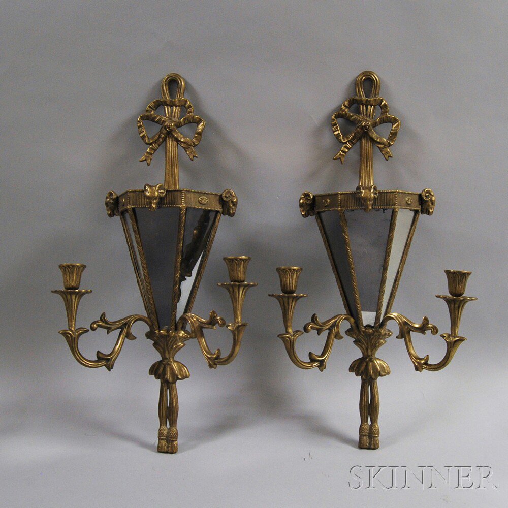 Appraisal: Pair of Brass Mirrored Two-light Sconces th century the ribbon-form