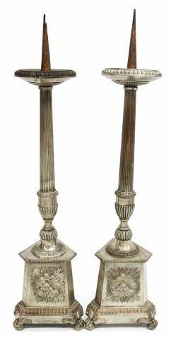 Appraisal: pair French silver-plated copper altar candle prickets pic-cierge late th