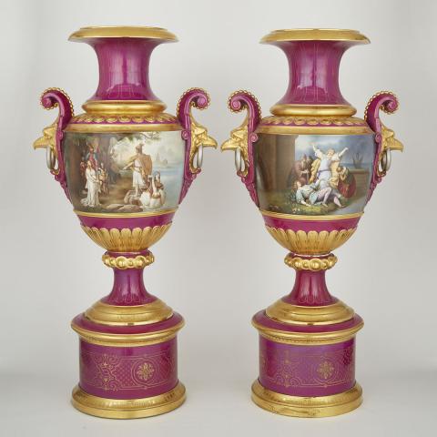 Appraisal: Pair of Continental Porcelain Burgundy Ground Large Two-Handled Vases th