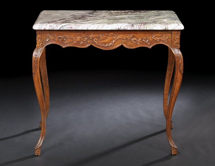 Appraisal: Provincial Louis XV-Style Oak and Marble-Top Center Table mid- th