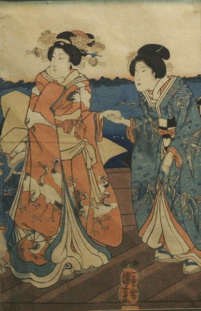 Appraisal: Utagawa Kuniyoshi - Two Ladies on a Bridge wood block