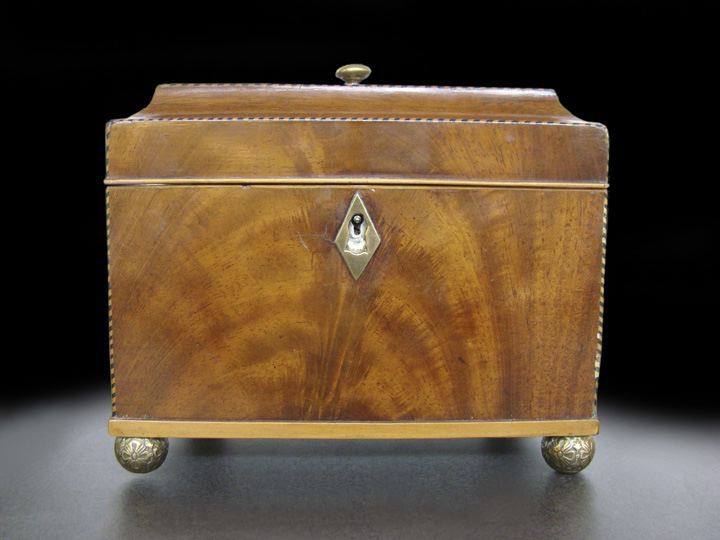 Appraisal: English Brass-Mounted Rope-Twist-Banded Mahogany Double-Compartment Tea Box fourth quarter th