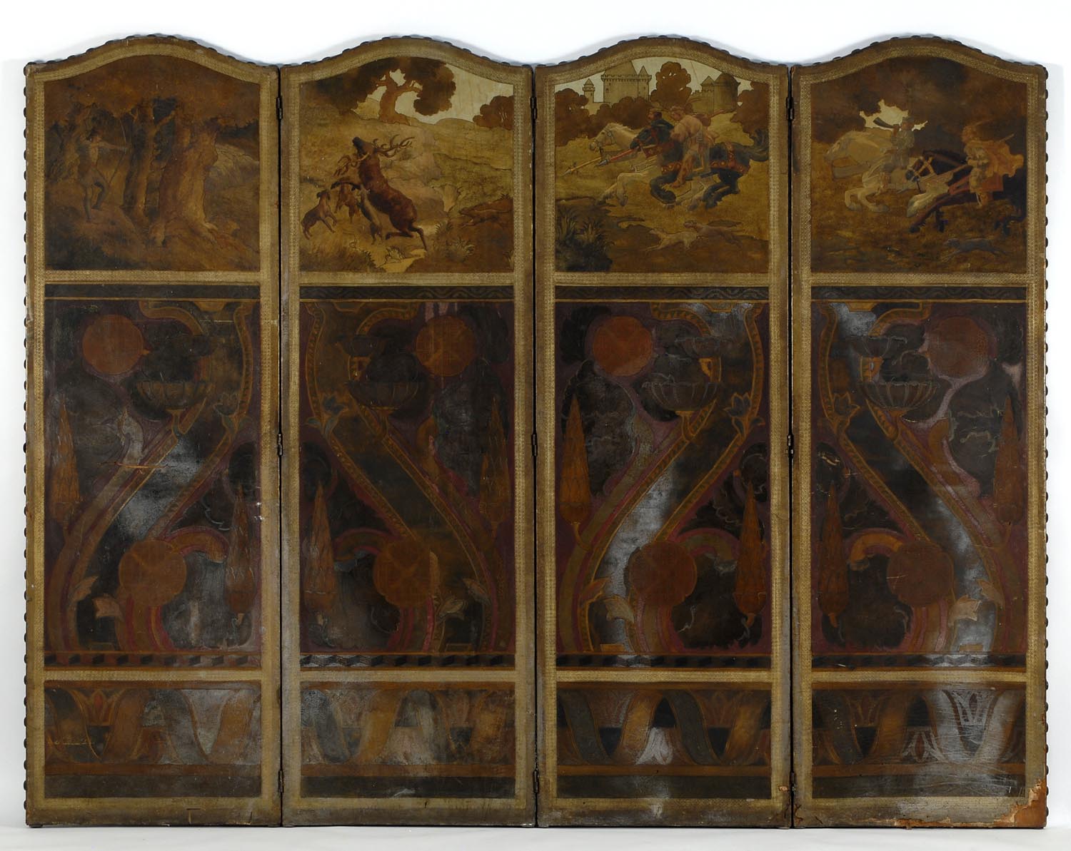 Appraisal: FOUR-PANEL LEATHER DRESSING SCREEN with painted decoration of knights and