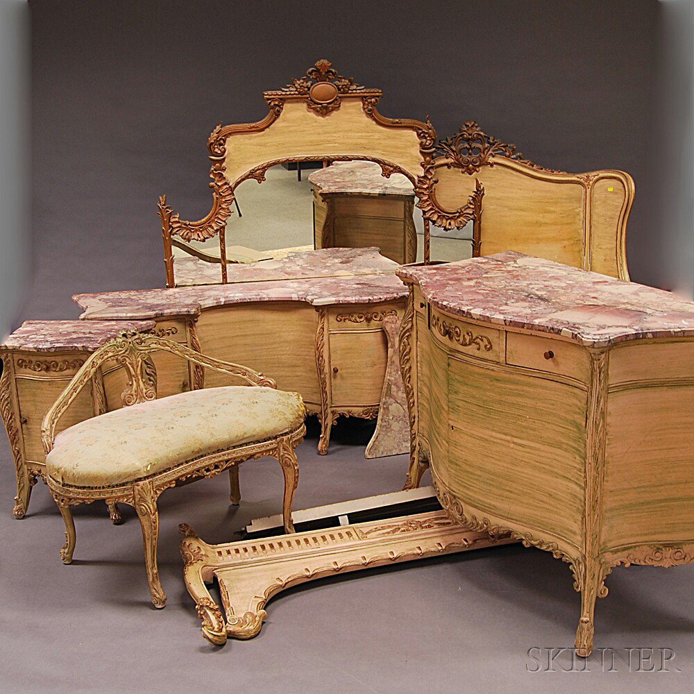 Appraisal: Six-piece Louis XV-style Painted Bedroom Suite a mirrored vanity bed