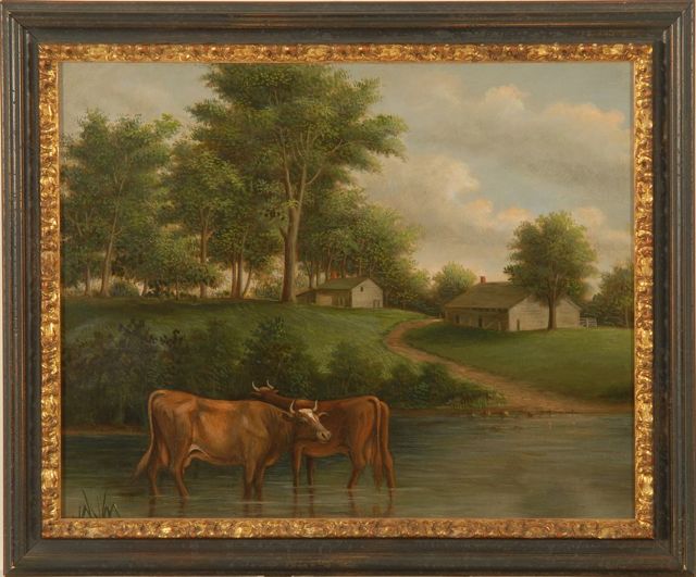 Appraisal: FRAMED PAINTINGLandscape with cows and house Unsigned Provenance Private Collection