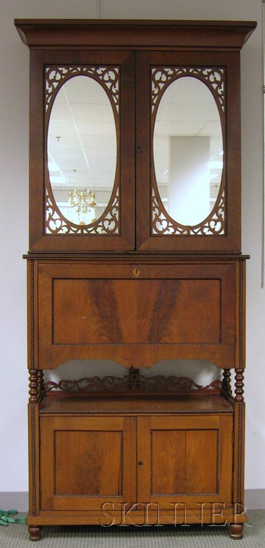 Appraisal: Victorian Walnut Fall-front Desk Mirrored Bookcase desk with fitted interior