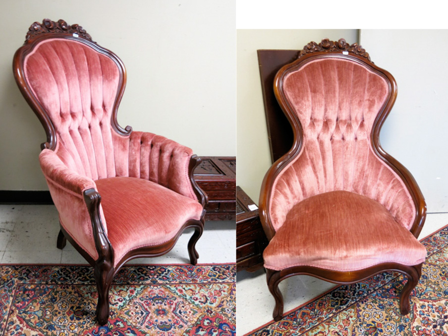 Appraisal: TWO VICTORIAN STYLE MAHOGANY PARLOR CHAIRS American th century his