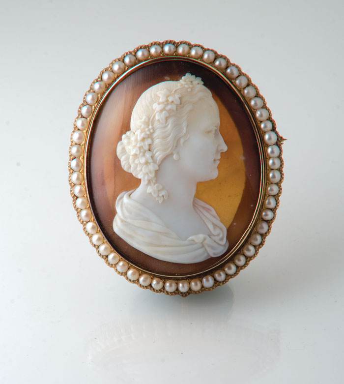 Appraisal: ANTIQUE SHELL CAMEO PEARL AND GOLD PIN Large shell cameo