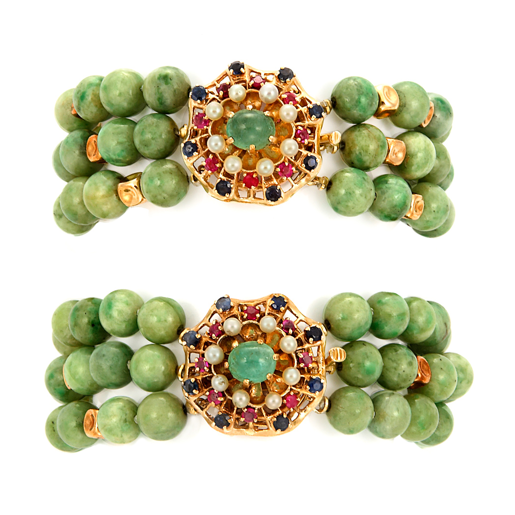 Appraisal: Two Gold and Jade Bracelets Length inches