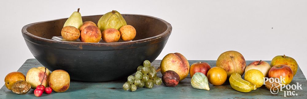 Appraisal: Turned and painted bowl together with stone frui Turned and