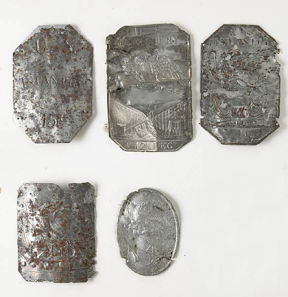 Appraisal: A lot of five early excavated cap plates Comprising Pattern