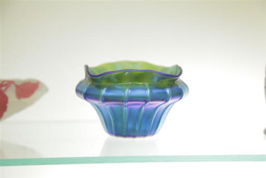 Appraisal: QUEZAL BOWL Blue green iridescent and ribbed bowl with four