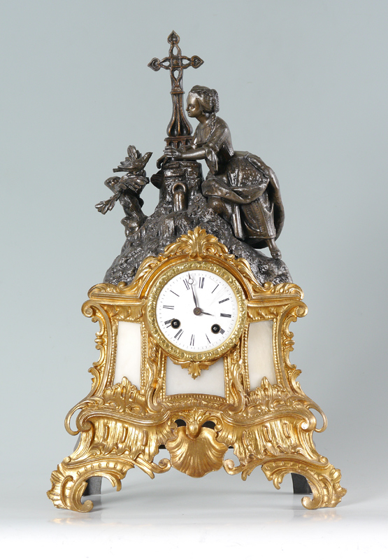 Appraisal: FRENCH FIGURAL SHELF CLOCK Case with cast metal finial of