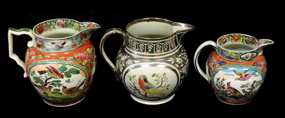 Appraisal: Three English pottery pitchers jugs th C all polychrome decorated