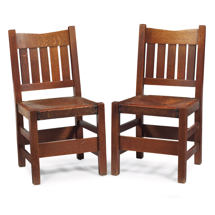 Appraisal: Good Gustav Stickley side chairs pair ''V'' back form with