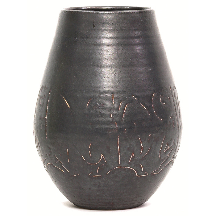 Appraisal: Scheier vase ceramic covered in black glaze with wax relief