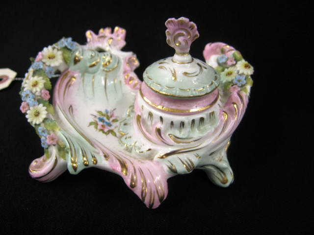 Appraisal: Royal Rudolstadt German Porcelain Inkwell elaborate applied flowers with insert