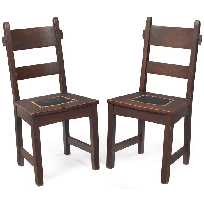 Appraisal: Gustav Stickley side chairs pair rabbit-ear form with wide horizontal