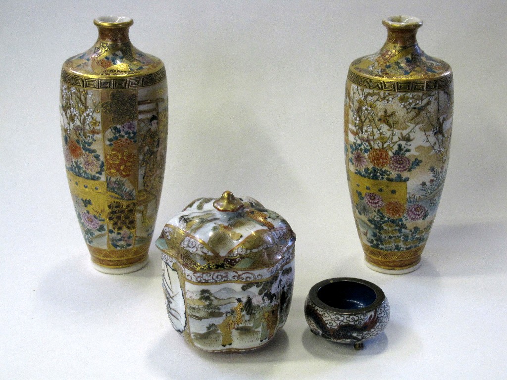 Appraisal: Two Satsuma vases one def oriental box and cover and