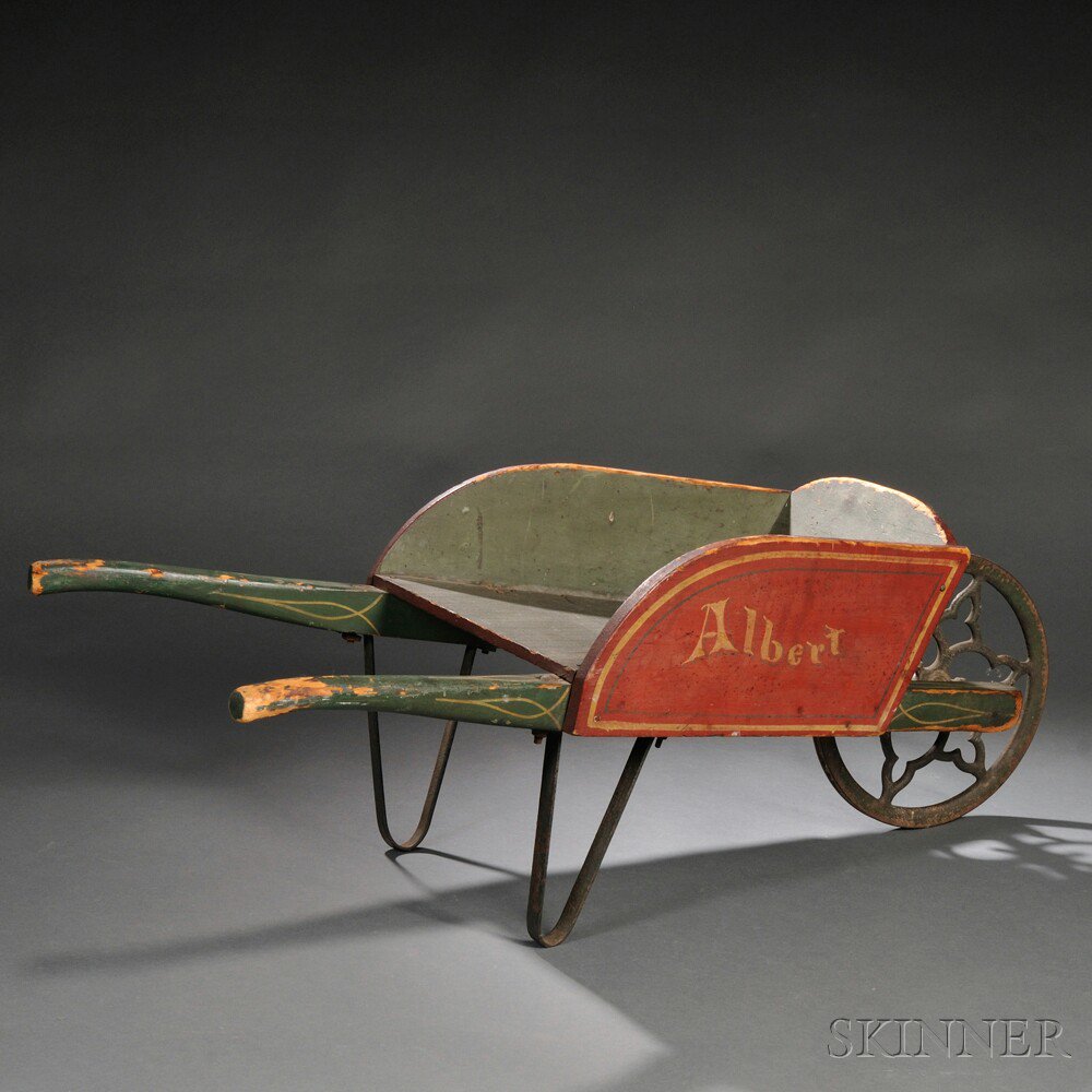 Appraisal: Paint-decorated Child's Wooden Wheelbarrow America late th century painted red