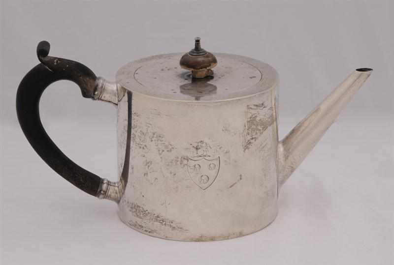 Appraisal: GEORGE III CRESTED SILVER DRUM-FORM TEAPOT AND COVER Charles Aldridge