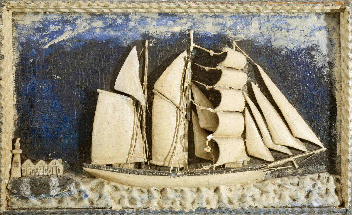 Appraisal: CARVED AND PAINTED HALF-MODEL OF A BARKENTINE PASSING A LIGHTHOUSE