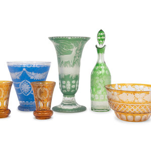 Appraisal: Six Bohemian Colored Cut-to-Clear Glass Articles comprising a decanter with