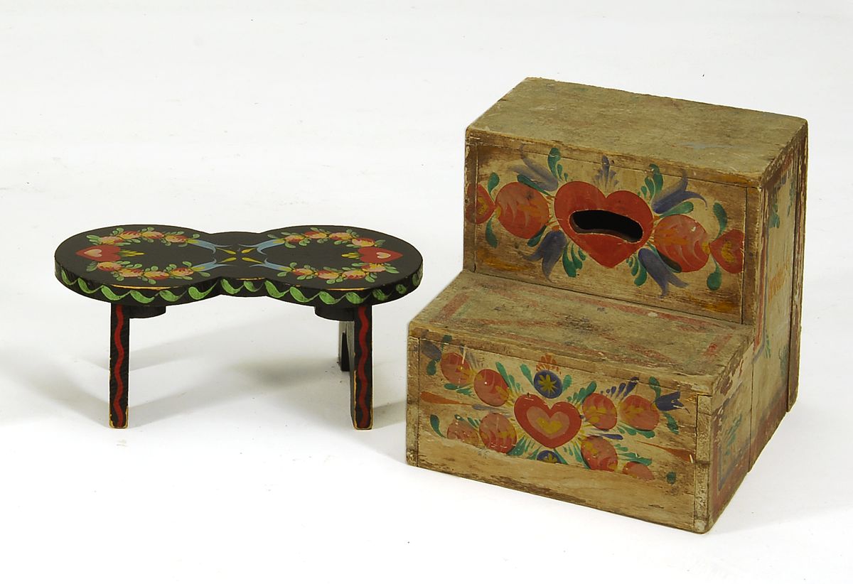 Appraisal: TWO PETER HUNT-RELATED PAINTED WOODEN FOOTSTOOLS Two-step footstool decorated by