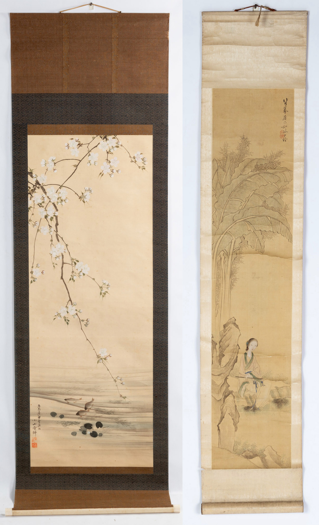 Appraisal: CHINESE HANGING SCROLLS Both hand painted and artist signed