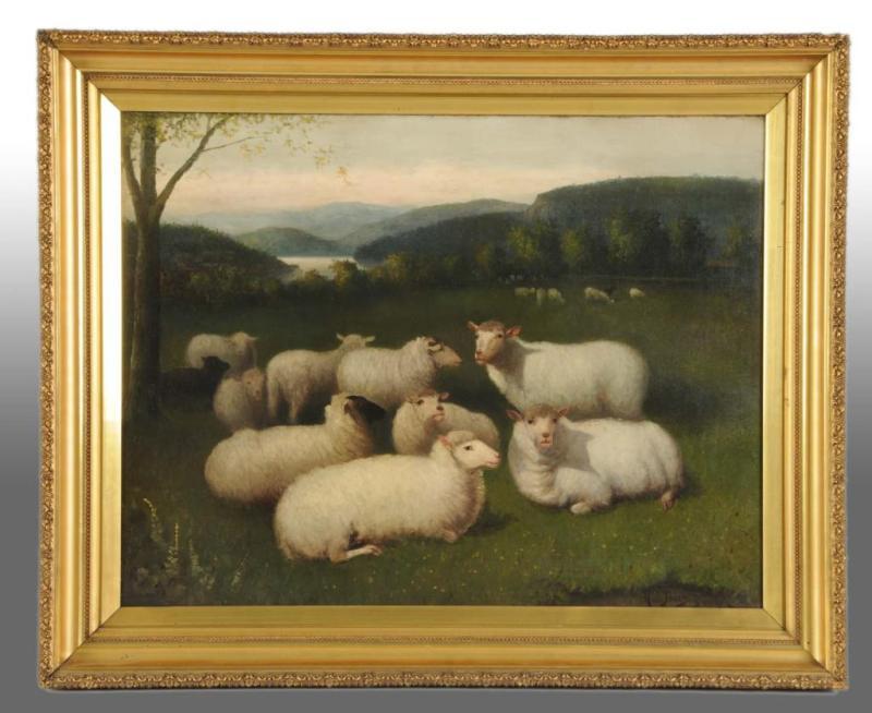 Appraisal: Sheep in Pasture Oil Painting by Jones Description Dated to