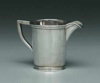 Appraisal: Coin silver pitcher round tapered sides squared handle reeded borders