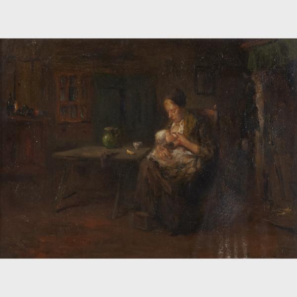 Appraisal: Bernard de Hoog - INTERIOR WITH MOTHER FEEDING HER BABY