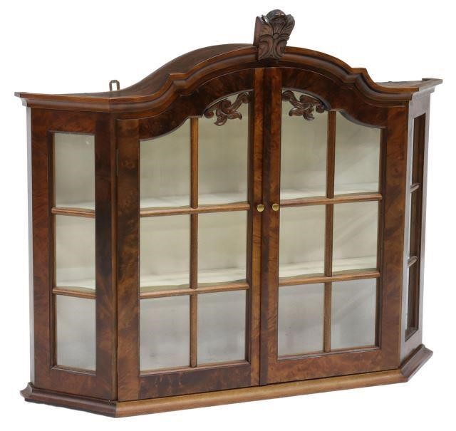 Appraisal: English burled walnut hanging display cabinet th c center foliate