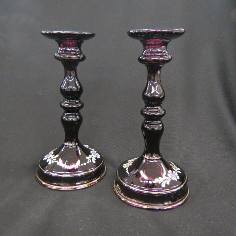 Appraisal: Pair of Amethyst Glass Candlesticks enamelled florals