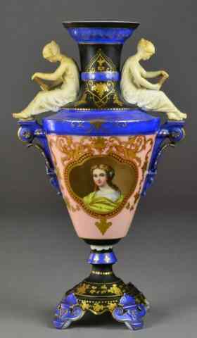 Appraisal: Victorian Hand-painted Porcelain Portrait UrnTwo-scroll handled Victorian urn having two