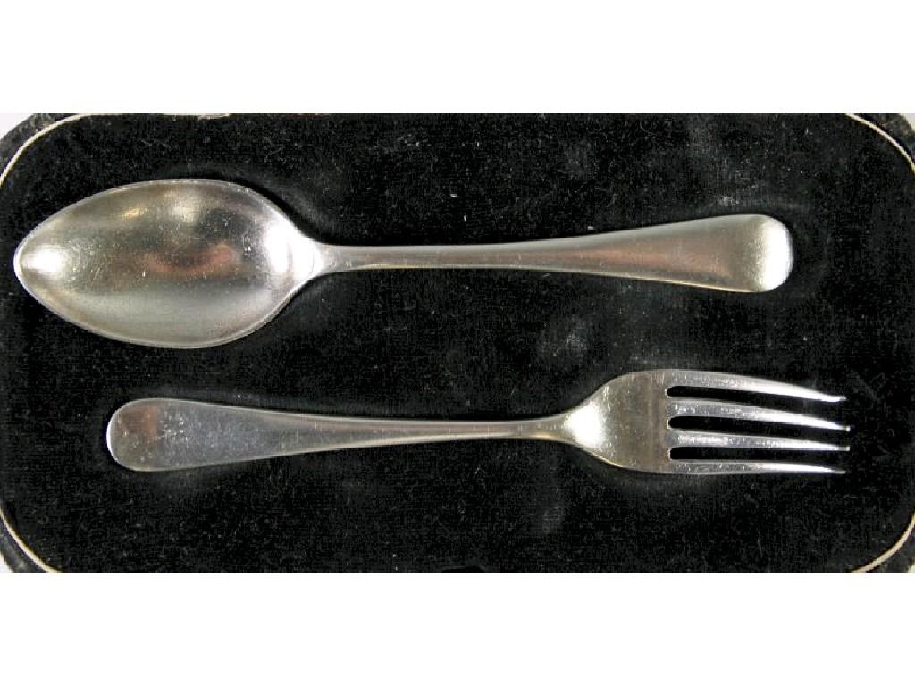 Appraisal: CASED GEORGE VI TWO PIECE CHILD'S SILVER CUTLERY SET Early