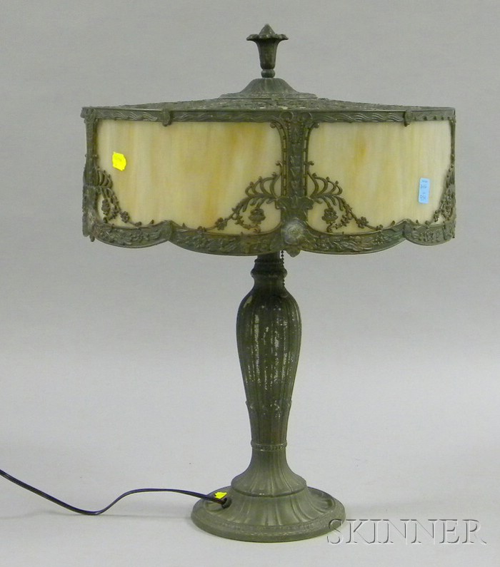 Appraisal: Metal Overlay Table Lamp drum-shaped shade in caramel slag glass