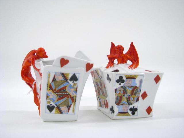 Appraisal: Royal Bayreuth Devil Cards Creamer and Lidded Sugar '' and