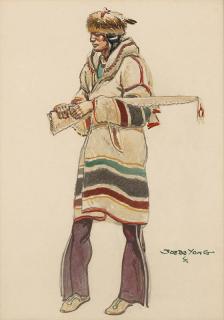 Appraisal: Joe De Yong Standing Indian holding a rifle signed lower