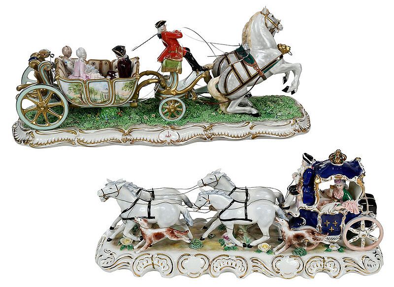 Appraisal: Two Porcelain Horse and Carriage Figural Groups Continental th th