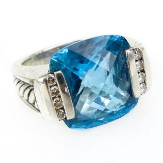 Appraisal: David Yurman Cushion Cut Blue Topaz Diamond and Sterling Silver