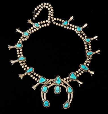 Appraisal: A Vintage Zuni Silver and Turquoise Squash Blossom Necklace Silver