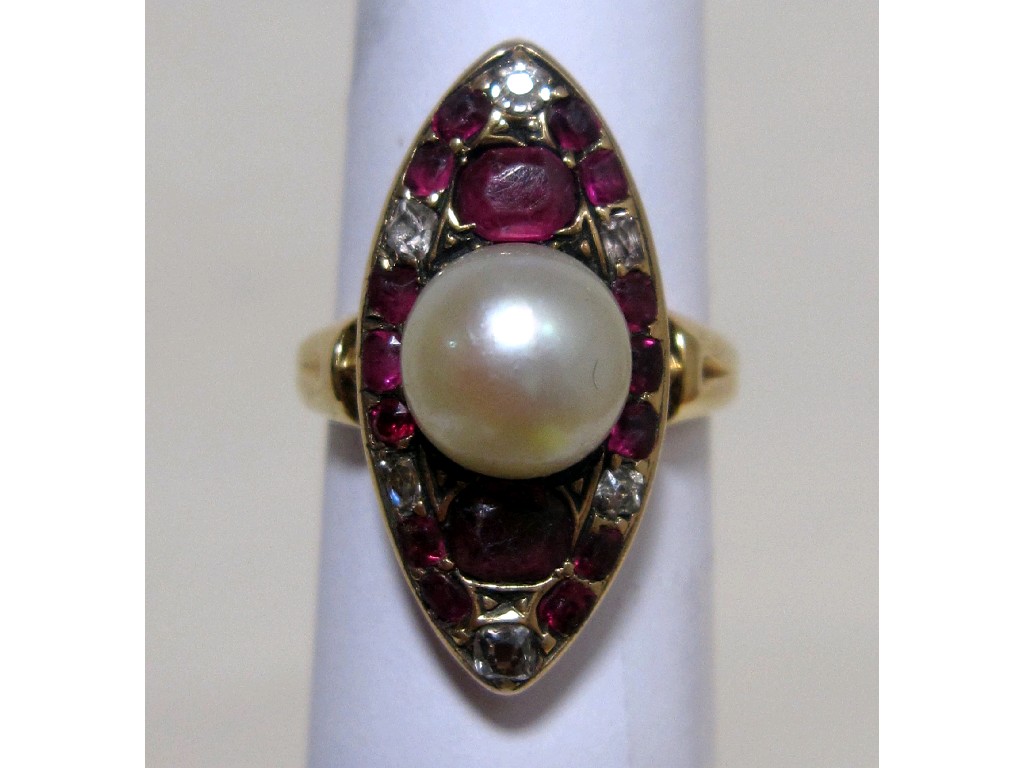 Appraisal: Victorian gold ruby diamond and pearl set marquise ring