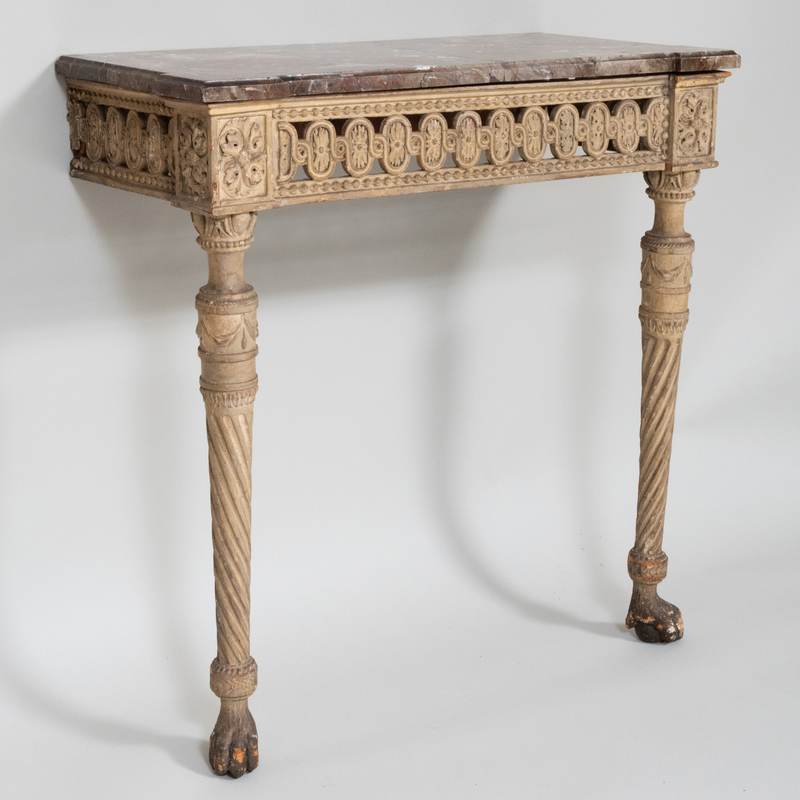 Appraisal: ITALIAN NEOCLASSICAL PAINTED CONSOLE TABLE Fitted with a repaired marble