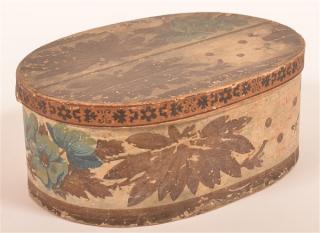 Appraisal: Wallpaper Covered Oval Ribbon Box Floral and foliate motif h