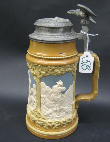 Appraisal: GERMAN METTLACH STEIN no one liter size hunters in relief