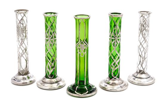 Appraisal: Sale Lot Five Silver Overlay Glass Bud Vases comprising two