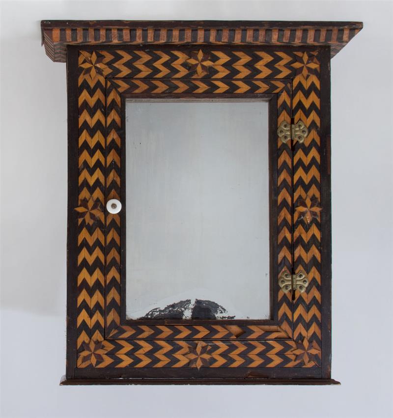 Appraisal: MAPLE AND CHERRY HANGING CABINET With inlaid chevron pattern and